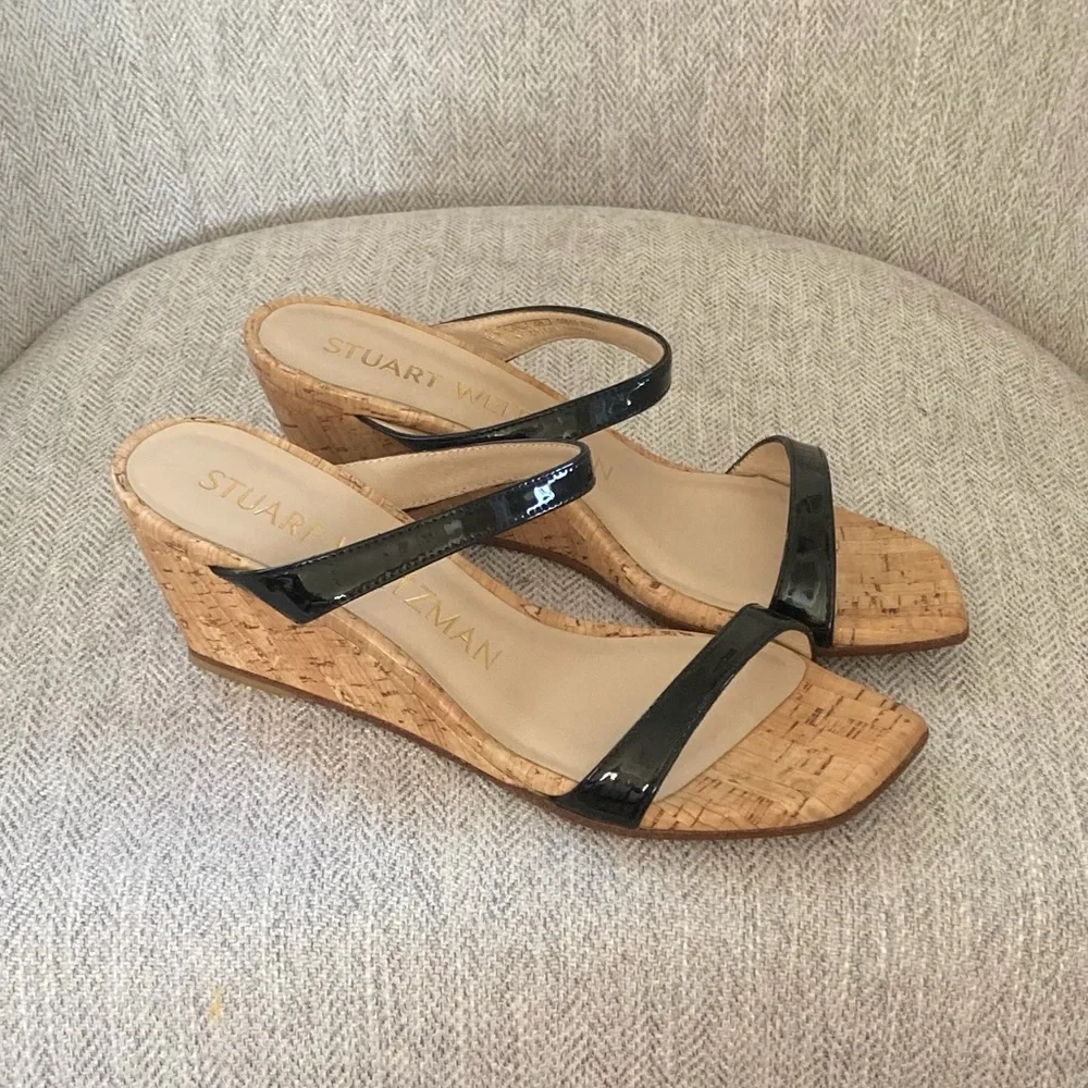 Stuart Weitzman Black Patent Leather Cork Wedge Slip on Sandals